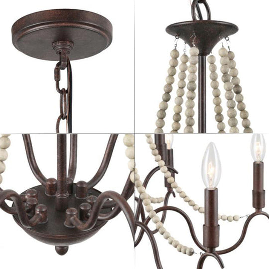 Retro Beaded Wood Chandelier With Metallic Candle - 9-Light Suspension Light In Rust