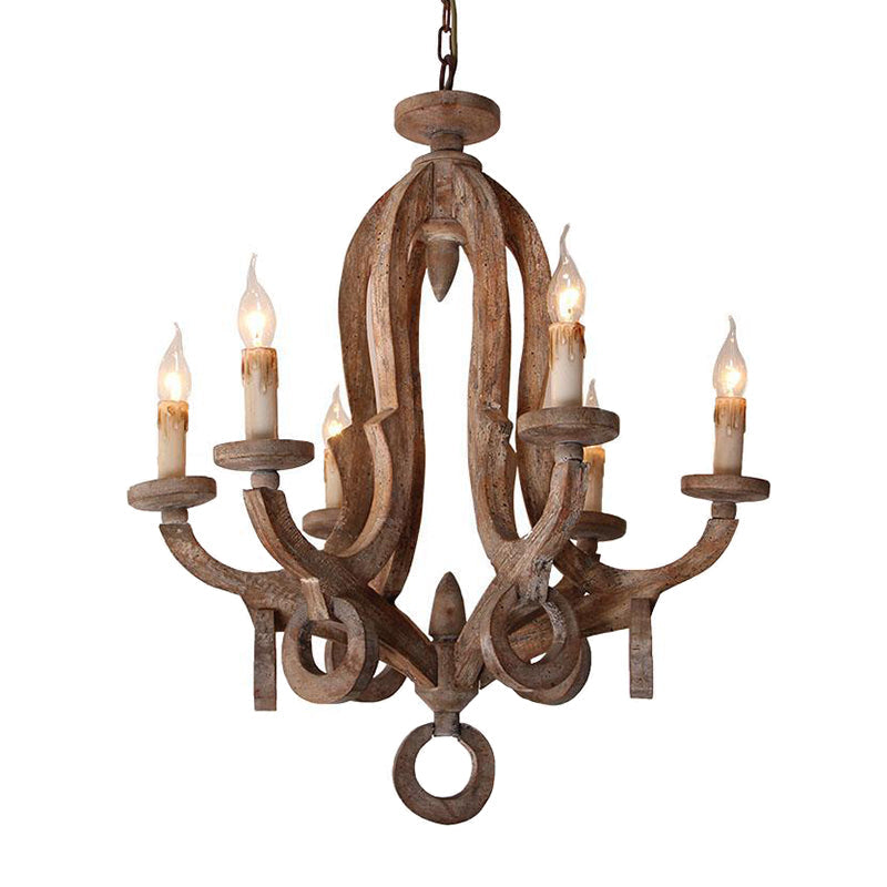 Vintage Wooden Candlestick Chandelier Pendant Light | 6 Bulb Hanging Fixture For Living Room