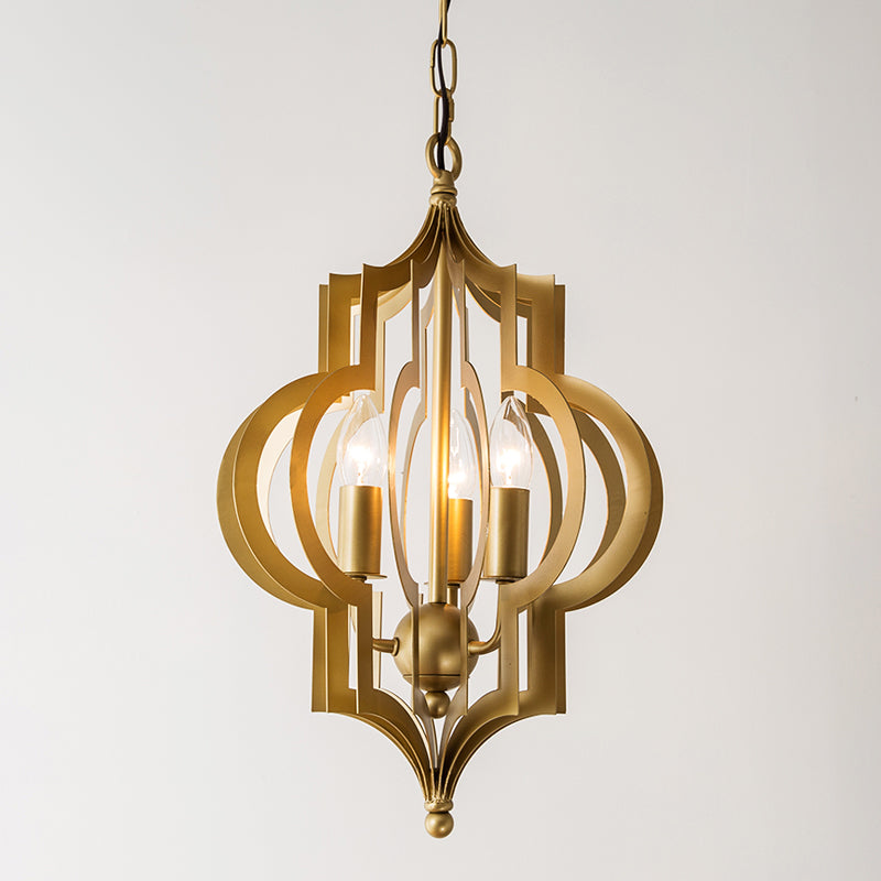 Retro Quatrefoil Gold Pendant Chandelier 3-Bulb Metallic Light Fixture