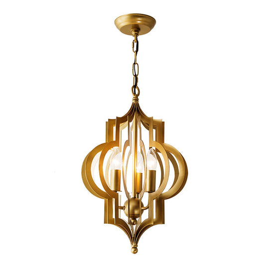 Retro Quatrefoil Gold Pendant Chandelier 3-Bulb Metallic Light Fixture