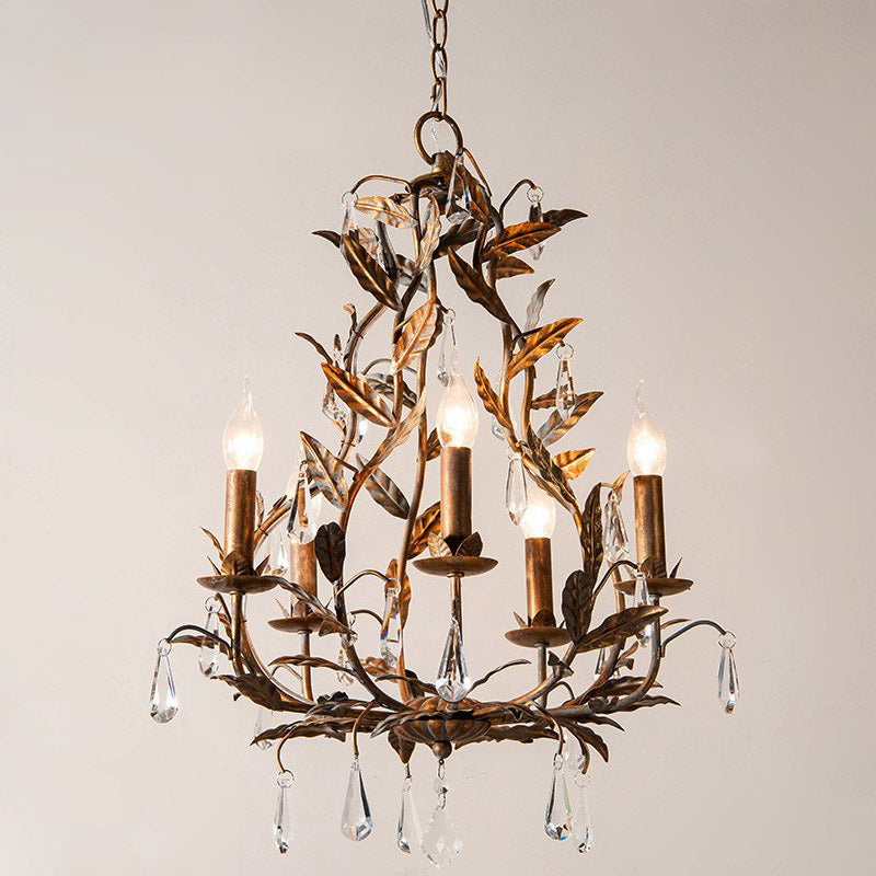 Retro Suspension Light - 5-Head Metallic Chandelier With Hanging Crystal