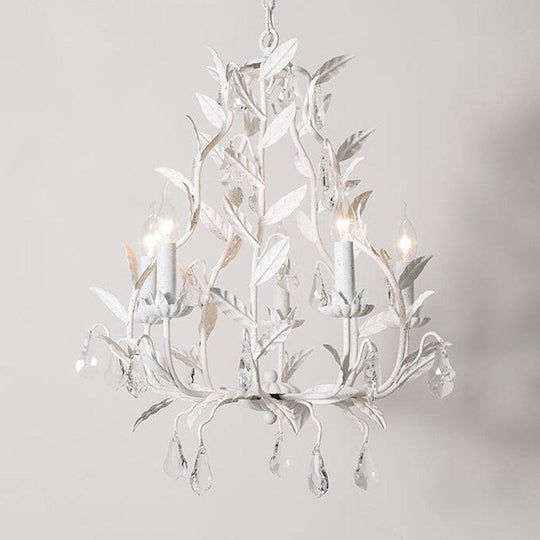 Retro Suspension Light - 5-Head Metallic Chandelier With Hanging Crystal White