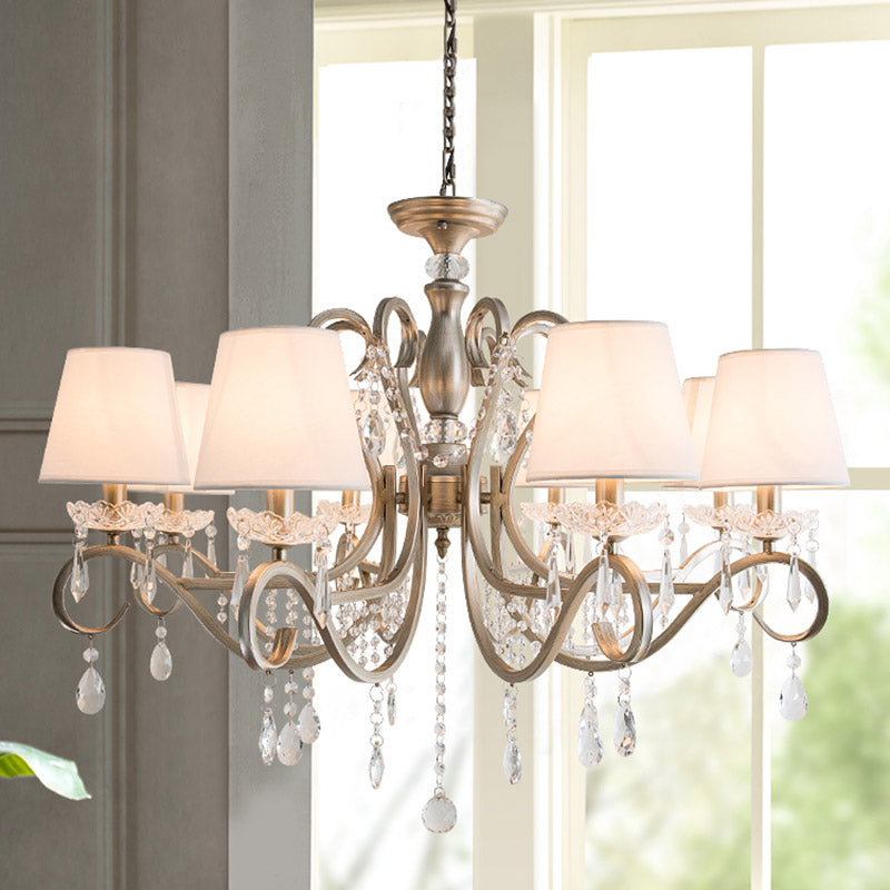 Silver Empire Shade Chandelier With Crystal Draping - Antique Pendant Light For Elegant Living Rooms