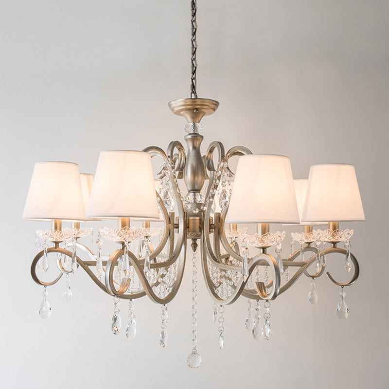 Silver Empire Shade Chandelier With Crystal Draping - Antique Pendant Light For Elegant Living Rooms