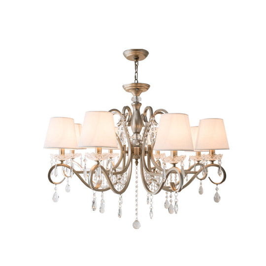 Silver Empire Shade Chandelier With Crystal Draping - Antique Pendant Light For Elegant Living Rooms