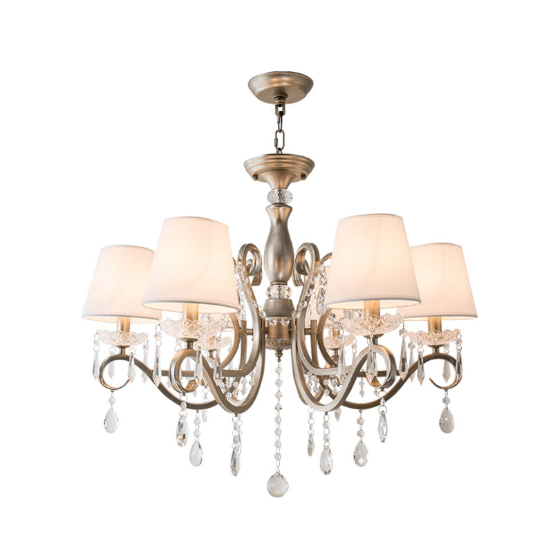 Silver Empire Shade Chandelier With Crystal Draping - Antique Pendant Light For Elegant Living Rooms