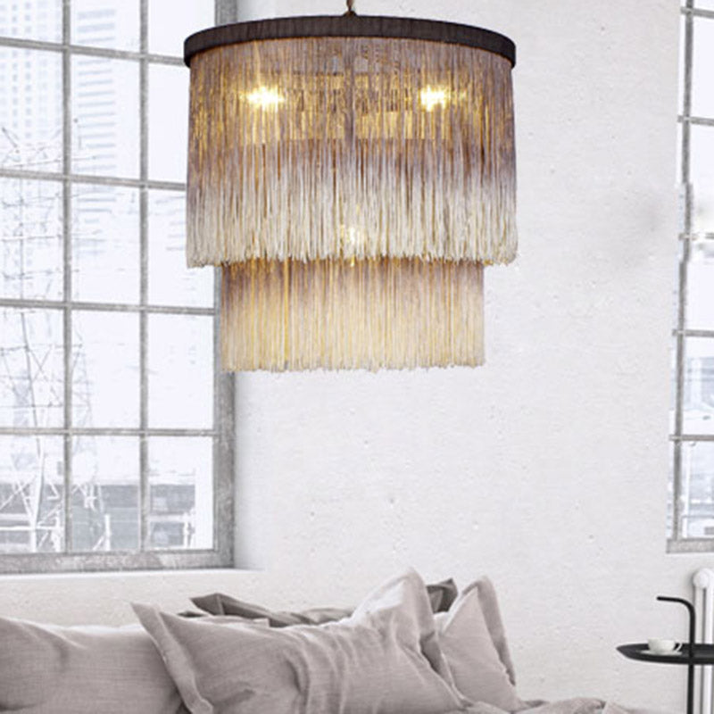 Hemp Fringe Coffee Suspension Light Retro Style Chandelier With 4 Bulbs And Layered Drum Design