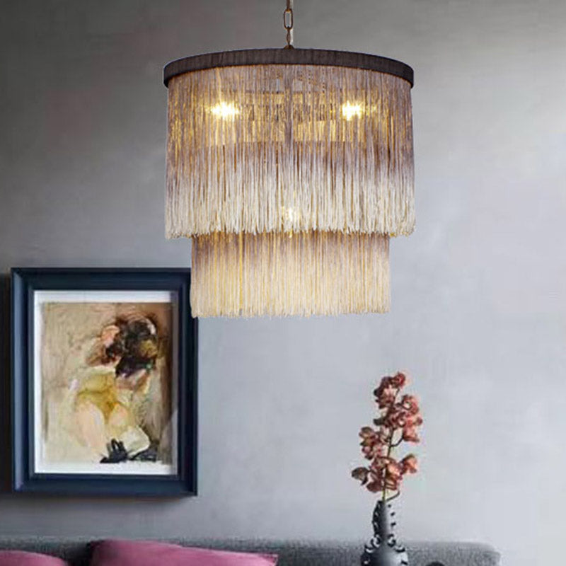 Hemp Fringe Coffee Suspension Light Retro Style Chandelier With 4 Bulbs And Layered Drum Design