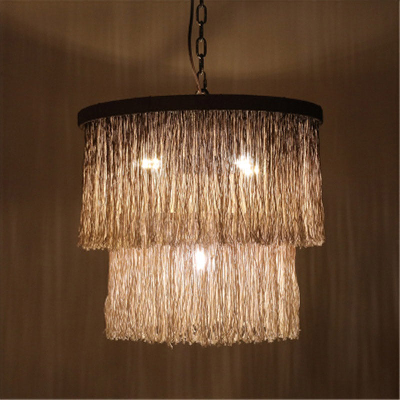 Hemp Fringe Coffee Suspension Light Retro Style Chandelier With 4 Bulbs And Layered Drum Design