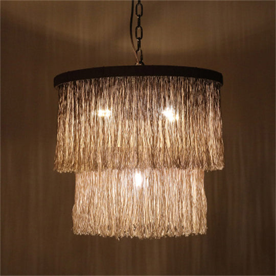 Hemp Fringe Coffee Suspension Light Retro Style Chandelier With 4 Bulbs And Layered Drum Design