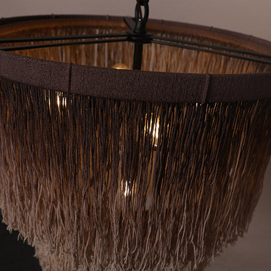 Hemp Fringe Coffee Suspension Light Retro Style Chandelier With 4 Bulbs And Layered Drum Design