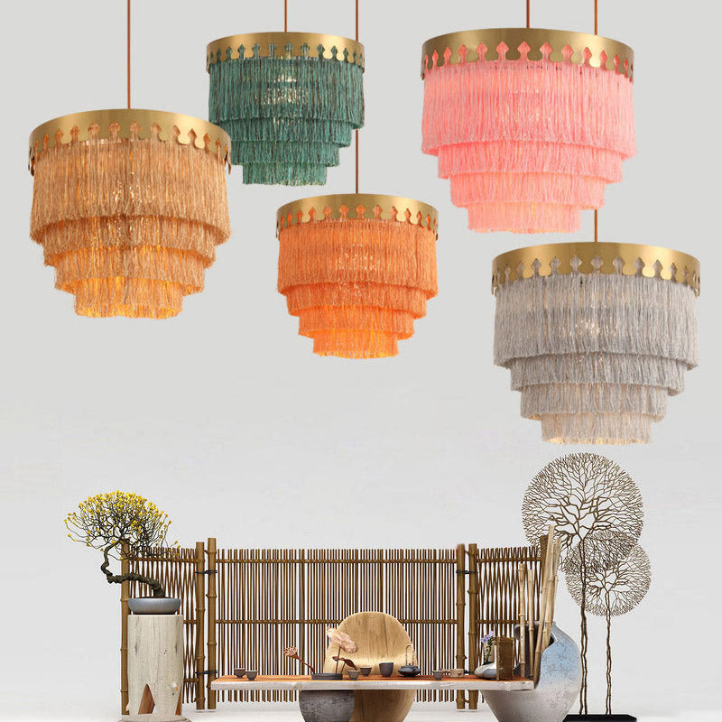 Gold Fringed Single-Bulb Living Room Pendant Light Fixture - Tiered Suspension Design