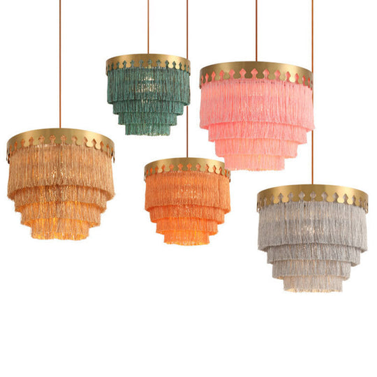 Gold Fringed Single-Bulb Living Room Pendant Light Fixture - Tiered Suspension Design