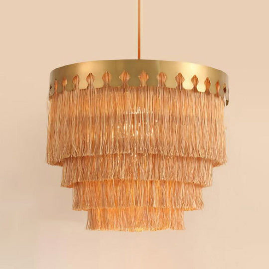 Gold Fringed Single-Bulb Living Room Pendant Light Fixture - Tiered Suspension Design /