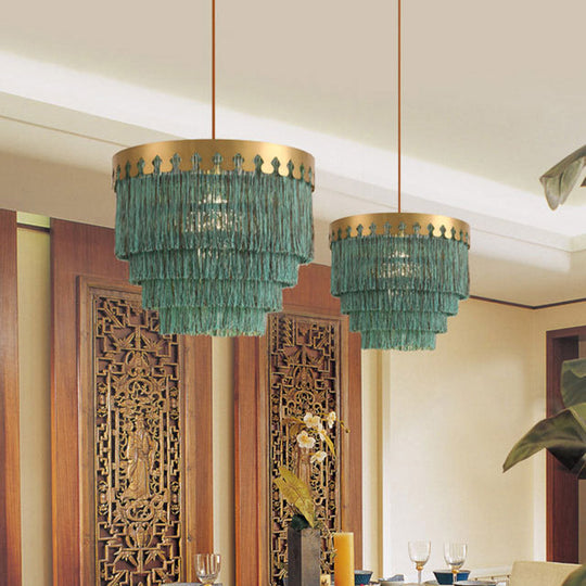 Gold Fringed Single-Bulb Living Room Pendant Light Fixture - Tiered Suspension Design