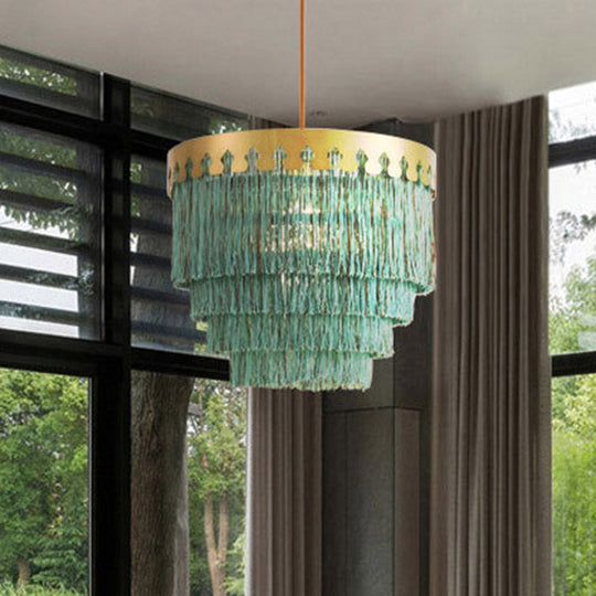 Gold Fringed Single-Bulb Living Room Pendant Light Fixture - Tiered Suspension Design