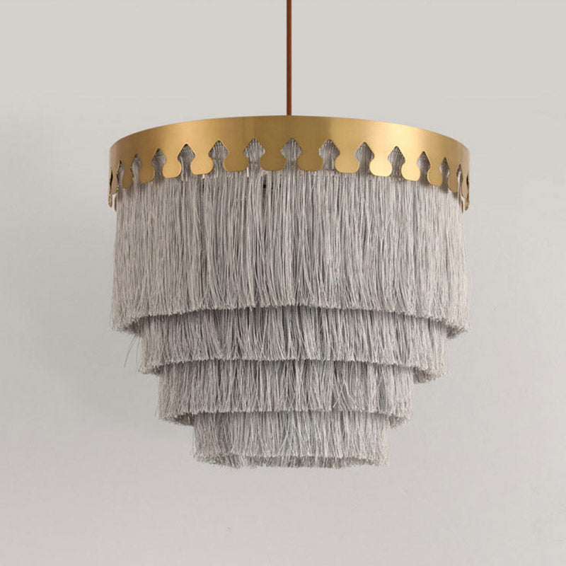 Gold Fringed Single-Bulb Living Room Pendant Light Fixture - Tiered Suspension Design