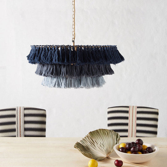 Simplicity Handwoven Fringe Chandelier Light Fixture - Tiered Round Ceiling Lighting With 3 Heads