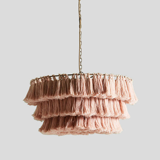 Simplicity Handwoven Fringe Chandelier Light Fixture - Tiered Round Ceiling Lighting With 3 Heads