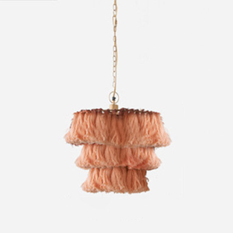 Simplicity Handwoven Fringe Chandelier Light Fixture - Tiered Round Ceiling Lighting With 3 Heads