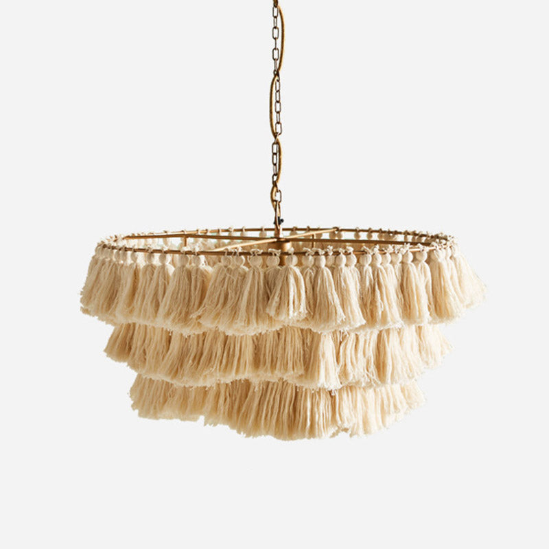 Simplicity Handwoven Fringe Chandelier Light Fixture - Tiered Round Ceiling Lighting With 3 Heads