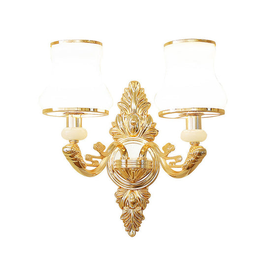 Opal Glass Wall Light Fixture With Curved Arm And Gold Shading For Corridors