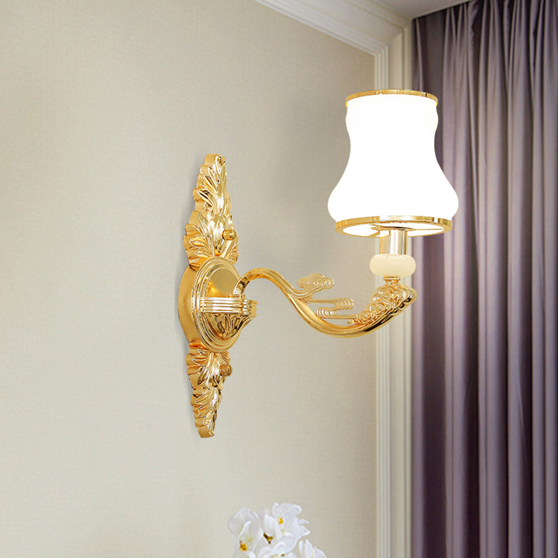 Opal Glass Wall Light Fixture With Curved Arm And Gold Shading For Corridors 1 / B