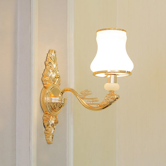 Opal Glass Wall Light Fixture With Curved Arm And Gold Shading For Corridors