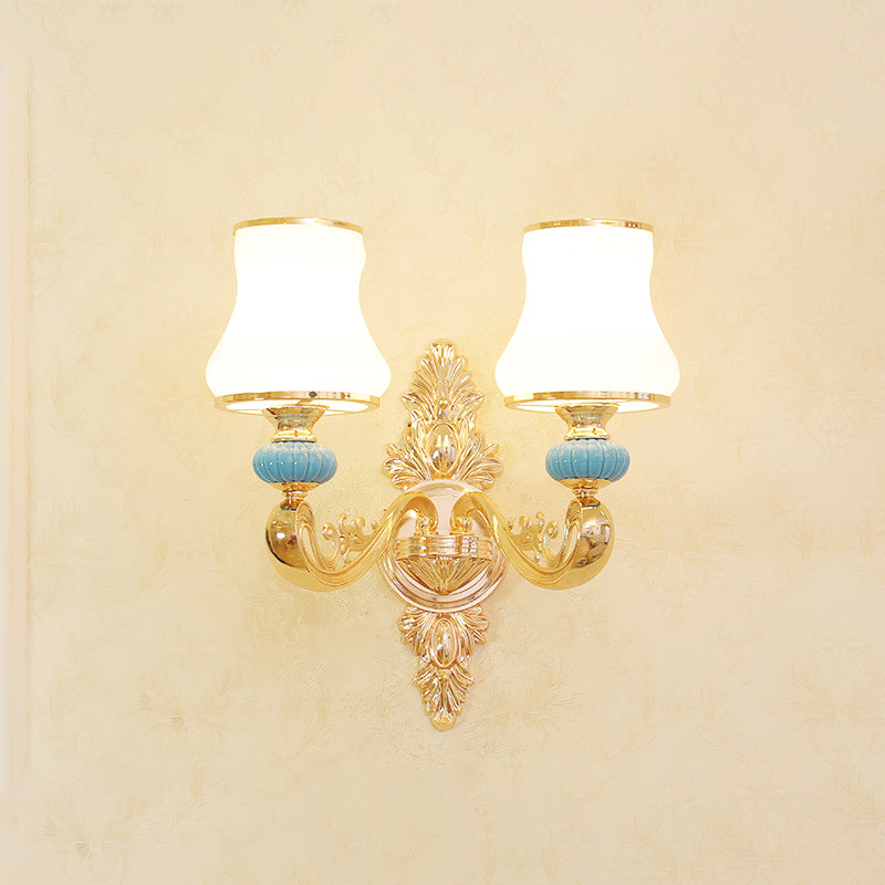 Opal Glass Wall Light Fixture With Curved Arm And Gold Shading For Corridors 2 / D