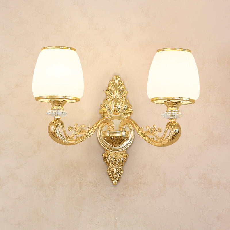 Opal Glass Wall Light Fixture With Curved Arm And Gold Shading For Corridors 2 / E