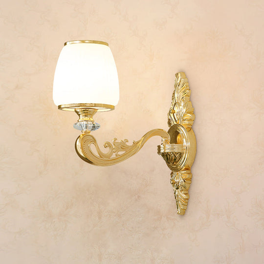 Opal Glass Wall Light Fixture With Curved Arm And Gold Shading For Corridors 1 / E