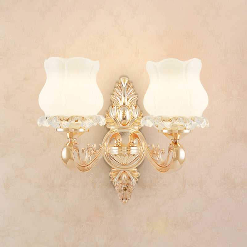 Opal Glass Wall Light Fixture With Curved Arm And Gold Shading For Corridors 2 / F