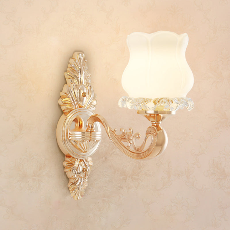 Opal Glass Wall Light Fixture With Curved Arm And Gold Shading For Corridors 1 / F