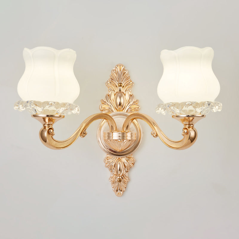 Opal Glass Wall Light Fixture With Curved Arm And Gold Shading For Corridors 2 / H