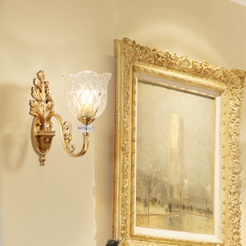 Traditional Gold Carved Glass Bell Wall Light Fixture For Corridor