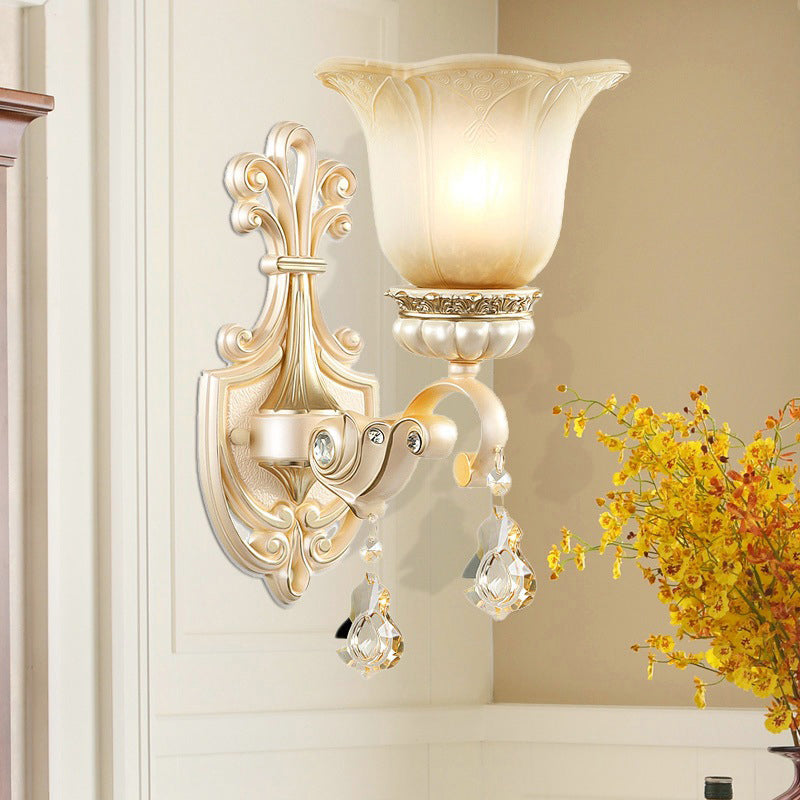 Floral Beige Glass Wall Lamp With Crystal Draping - Retro Style Living Room Fixture