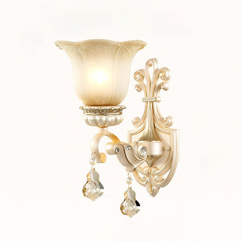 Floral Beige Glass Wall Lamp With Crystal Draping - Retro Style Living Room Fixture