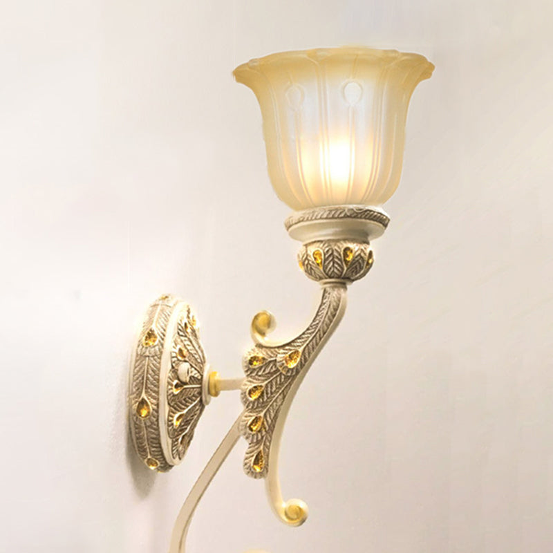 Floral Beige Glass Wall Lamp With Crystal Draping - Retro Style Living Room Fixture / D