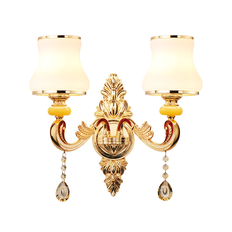 Gold Frosted Glass Flower Wall Mount Light With Crystal Draping - Traditional Corridor Fixture