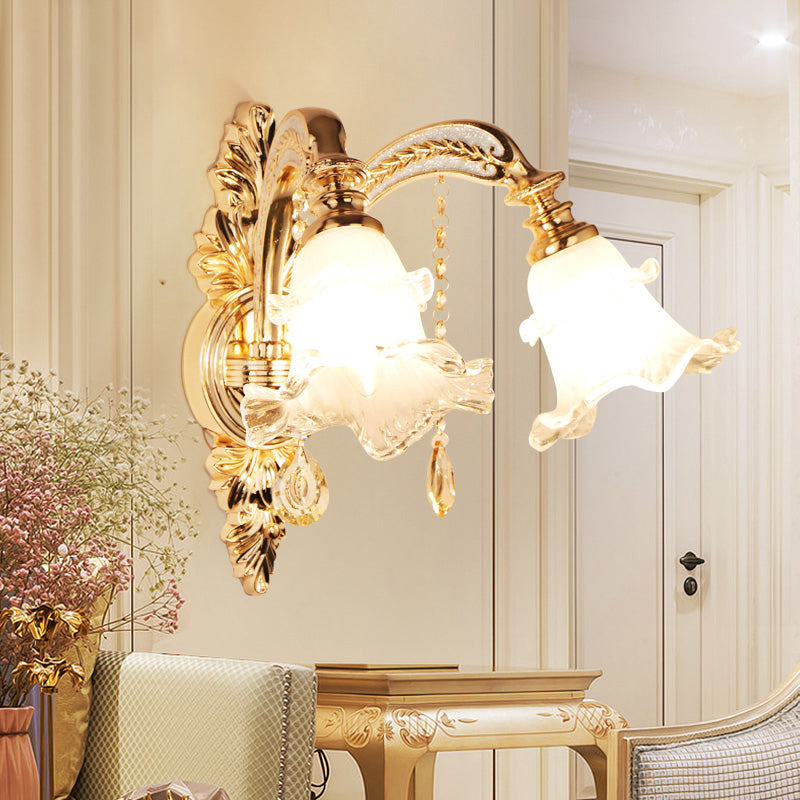 Gold Frosted Glass Flower Wall Mount Light With Crystal Draping - Traditional Corridor Fixture 2 / B