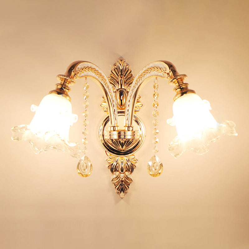 Gold Frosted Glass Flower Wall Mount Light With Crystal Draping - Traditional Corridor Fixture