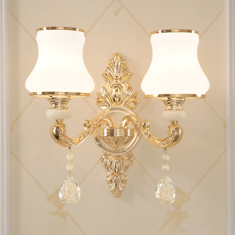 Gold Corridor Wall Light With Opaline Glass Shade And Crystal Accent 2 /