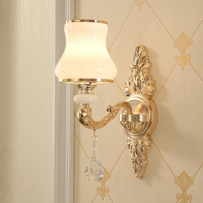 Gold Corridor Wall Light With Opaline Glass Shade And Crystal Accent 1 /