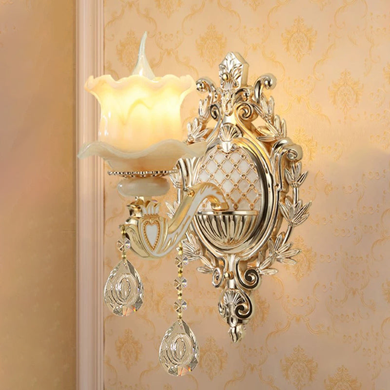 Antique Gold Jade Floral Wall Light With Crystal Accent - Elegant Living Room Lighting Fixture 1 / B