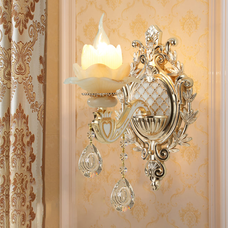 Antique Gold Jade Floral Wall Light With Crystal Accent - Elegant Living Room Lighting Fixture 1 / C