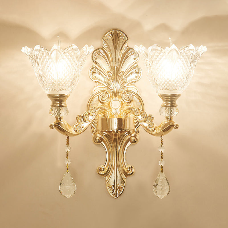 Antique Gold Glass Wall Light With Flower Texture And Crystal Accent For Living Room