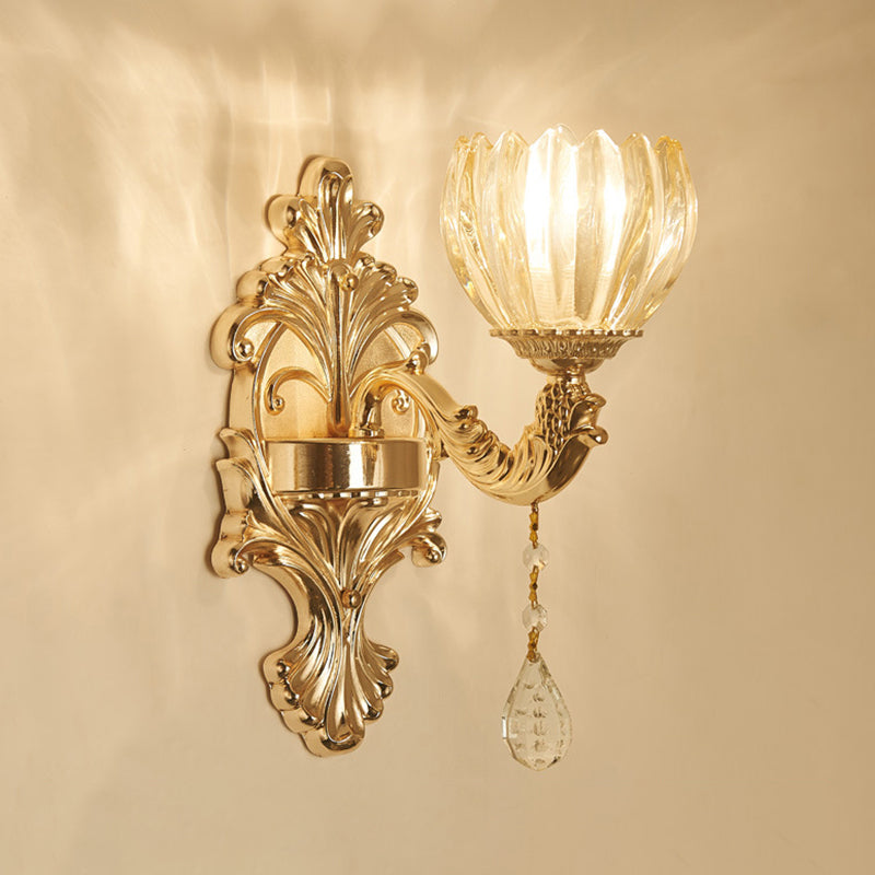 Antique Gold Glass Wall Light With Flower Texture And Crystal Accent For Living Room