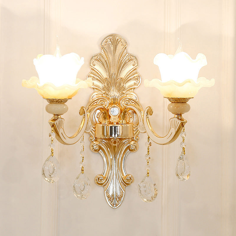 Antique Gold Glass Wall Light With Flower Texture And Crystal Accent For Living Room 2 / C