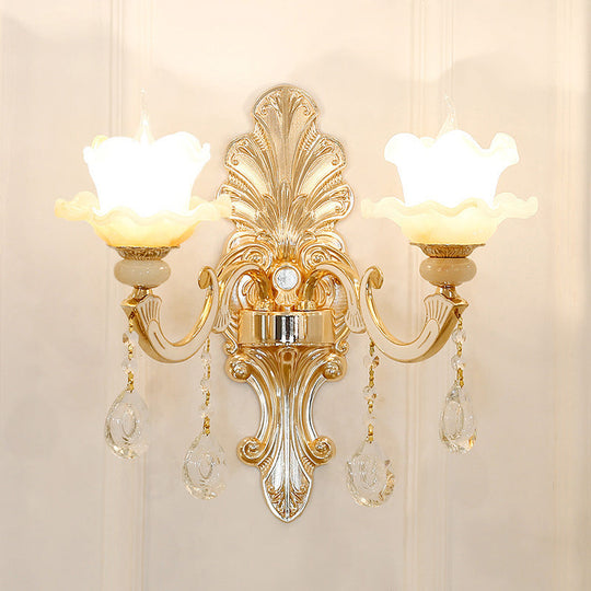 Antique Gold Glass Wall Light With Flower Texture And Crystal Accent For Living Room 2 / C