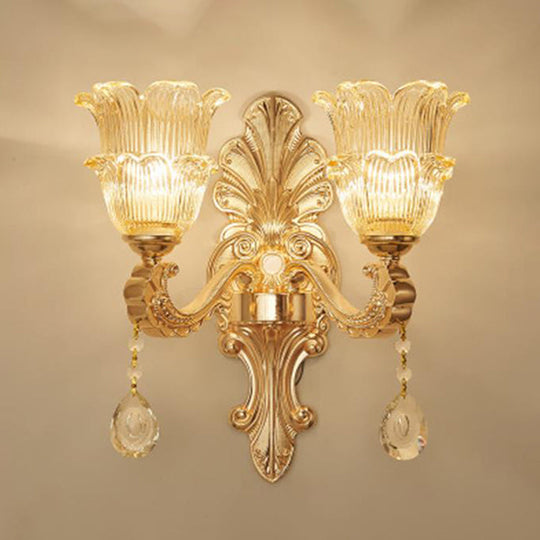 Antique Gold Glass Wall Light With Flower Texture And Crystal Accent For Living Room 2 / D